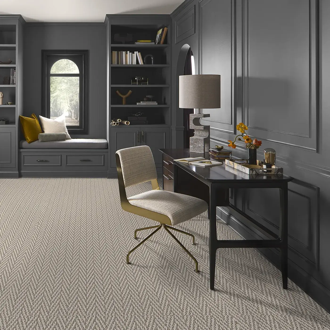 Always-Yours-ZB289-00753-Fossil-Room Shaw Floors tan patterned carpet in a residential office | Myers Flooring of Nashville