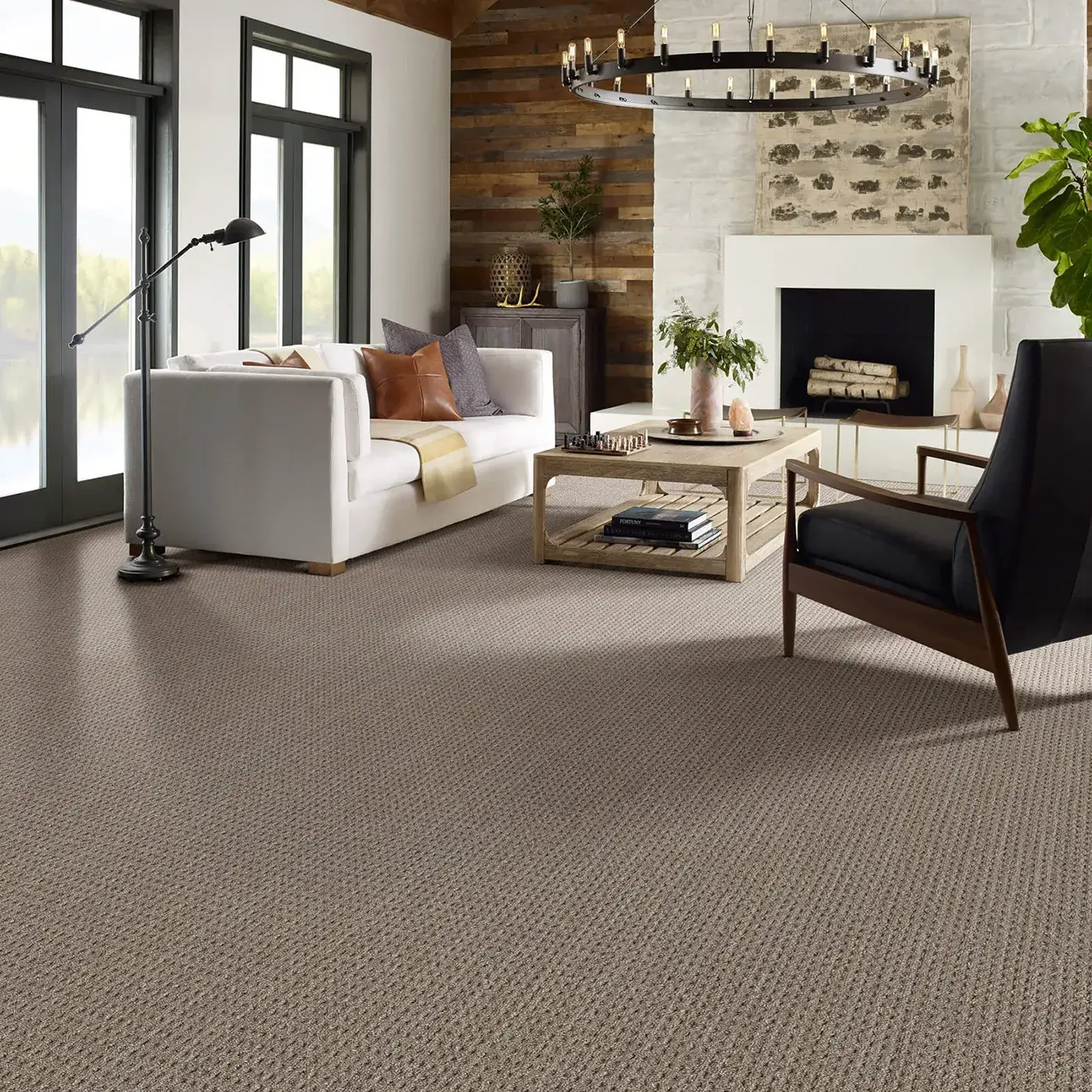 HDF42_99500_ROOM Brown Textured Shaw Floors carpet in rustic living room | Myers Flooring of Nashville